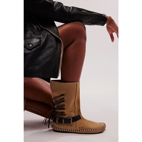 Free People Boots Suede Womens 7 Sand Coronado Moccasins Boho Mid Calf Rustic - Picture 1 of 2